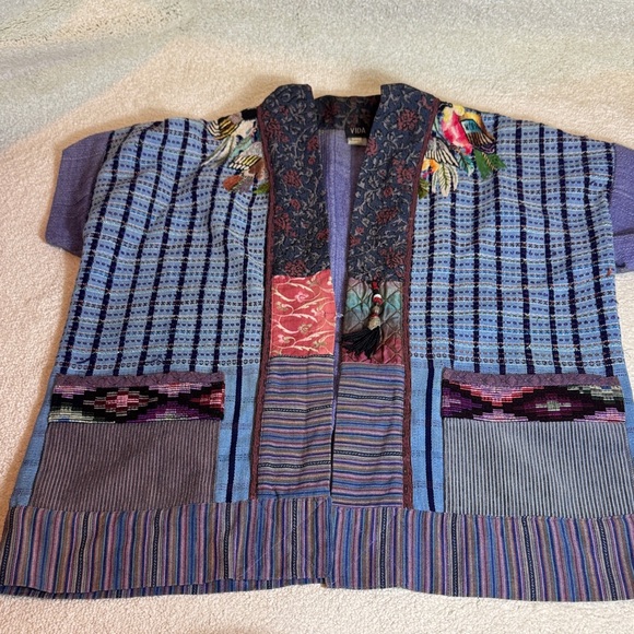 Vida Embroidered Birds-Kimono Jacket Vintage Patchwork, Boho Cotton  Coat-M/L - Picture 1 of 12